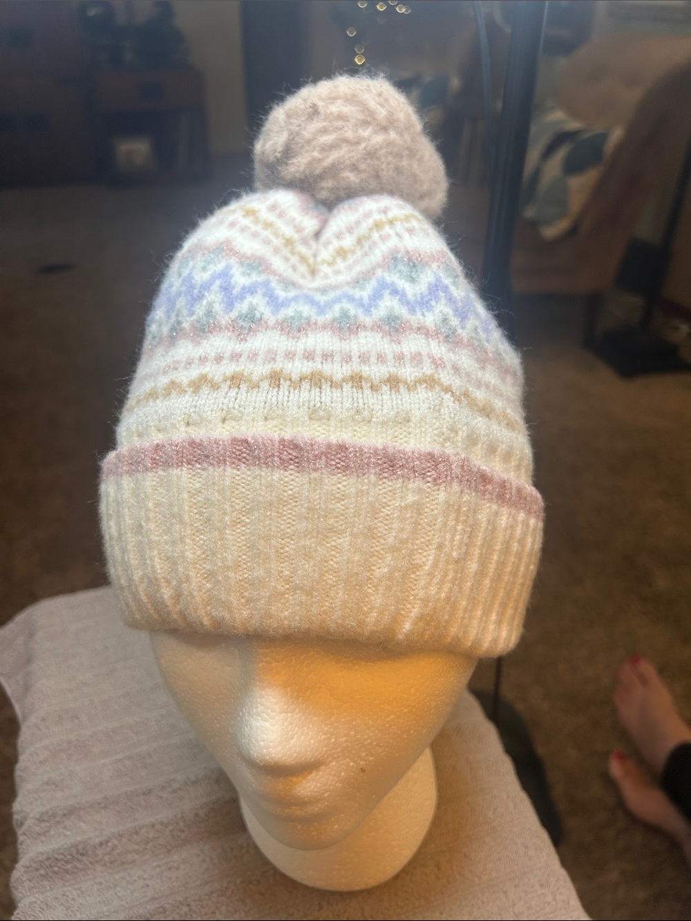 Cozy Kids Cream Pom-Pom Beanie with Pastel Fair Isle